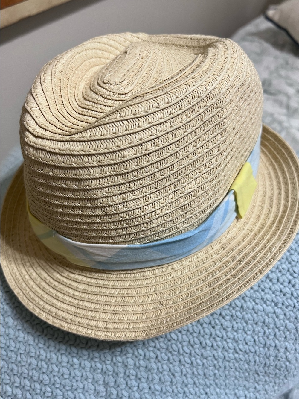 Kids Straw Fedora Hat with Blue & Yellow Band in EUC